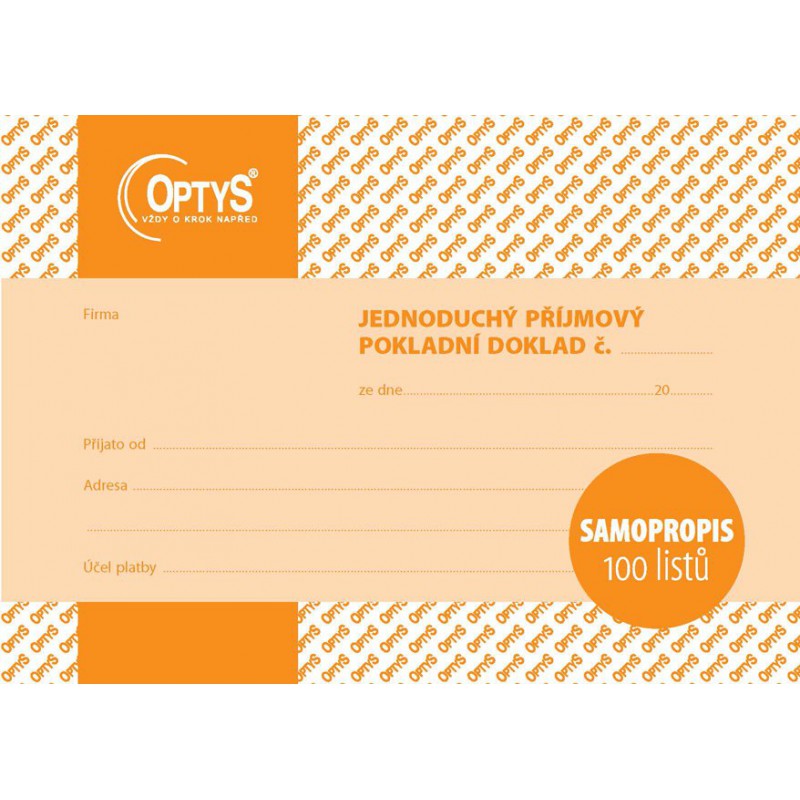 OPTYS 1302, Příjmový doklad A6, jednoduchý, samopropisovací, 100 listů