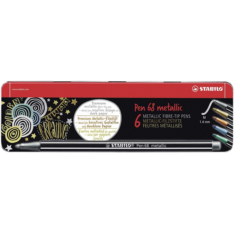 STABILO Pen 68 Metallic, Prémiový fix s vláknovým hrotem, sada 6 ks v kovové krabičce