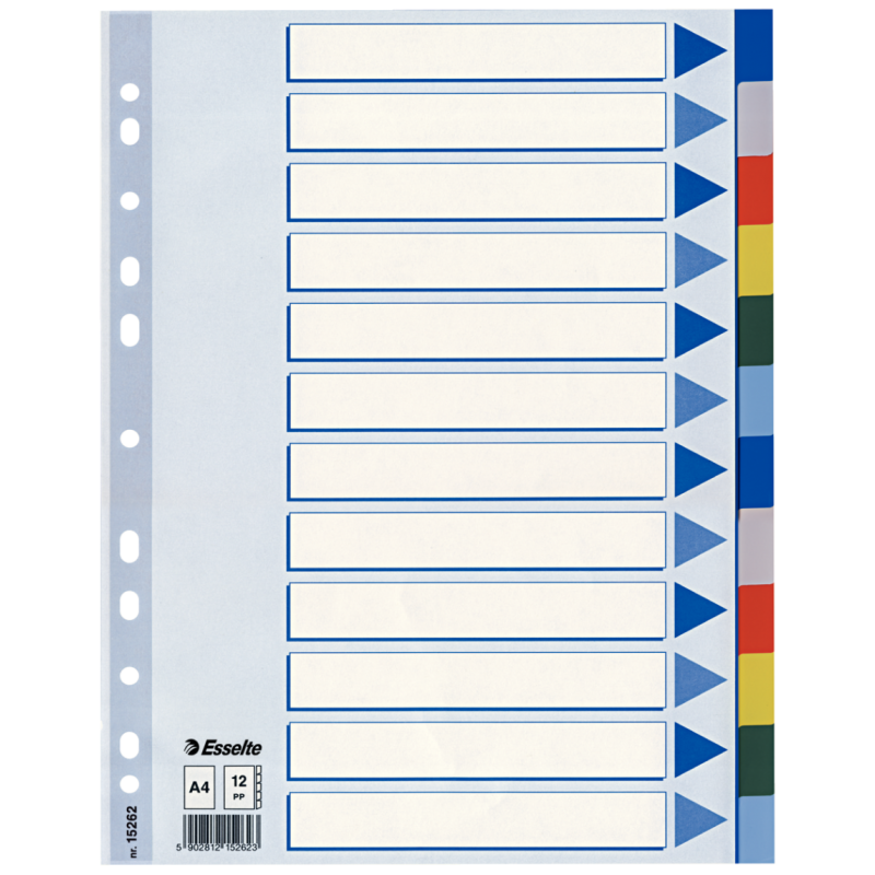 Plastové barevné rozlišovače A4 Esselte, 12 barevných listů