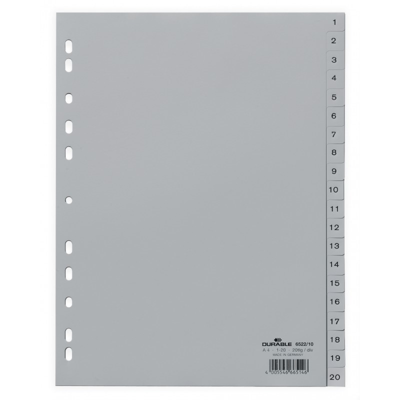 DURABLE 6522, Rozdružovač plastový šedý, PP A4 euroděrování, 1-20 čísel