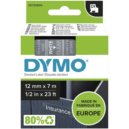 DYMO polyester páska D1 12mm x 7m, bílá na čiré, S0720600