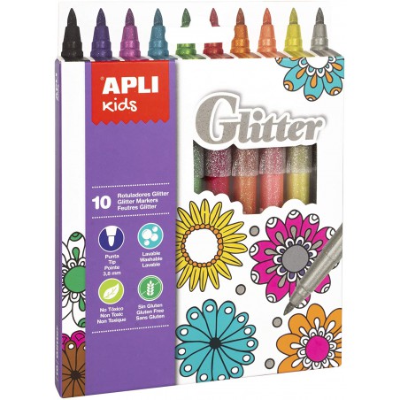 APLI 18218, Fixy na textil Kids Glitter, 10 třpytivých barev, vypratelné