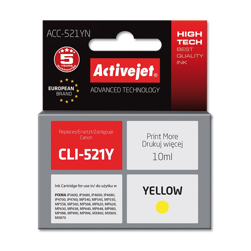 ACC-521YN, Inkoustová cartridge ActiveJet Canon CLI-521Y žlutá (10ml) s čipem