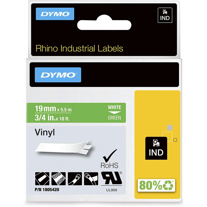 Dymo štítky RHINO vinylové, 19 mm x 5,5 m, bílá na zelené, 1805420