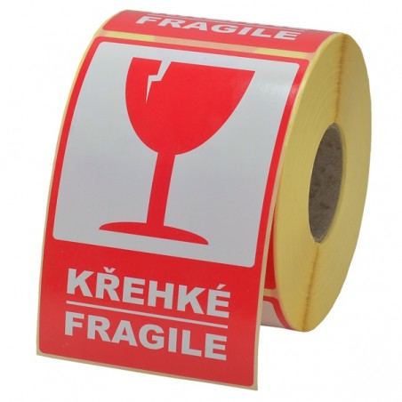 Výstražné samolepící etikety na roli 80x120 mm KŘEHKÉ (FRAGILE), červeno-bílé