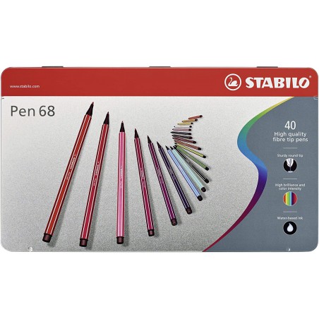 STABILO Pen 68 - premium, štetečkový fix s vláknovým hrotem, sada 40 ks, kovová krabička