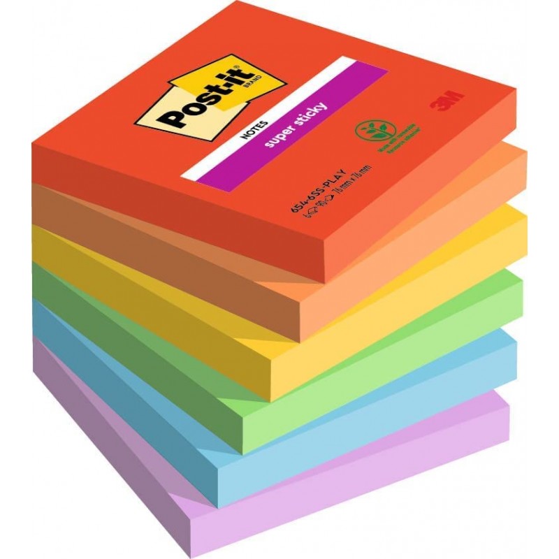 3M Post-it samolepící bločky super silné Playful Colour Collection, rozměr 76x76 mm, 6x90 lístků