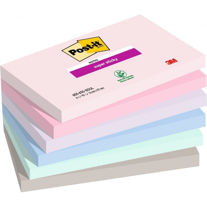 3M Post-it samolepící bloček Soulful Colour Collection, silně lepící, rozměr 76x127 mm, 6x90 lístků