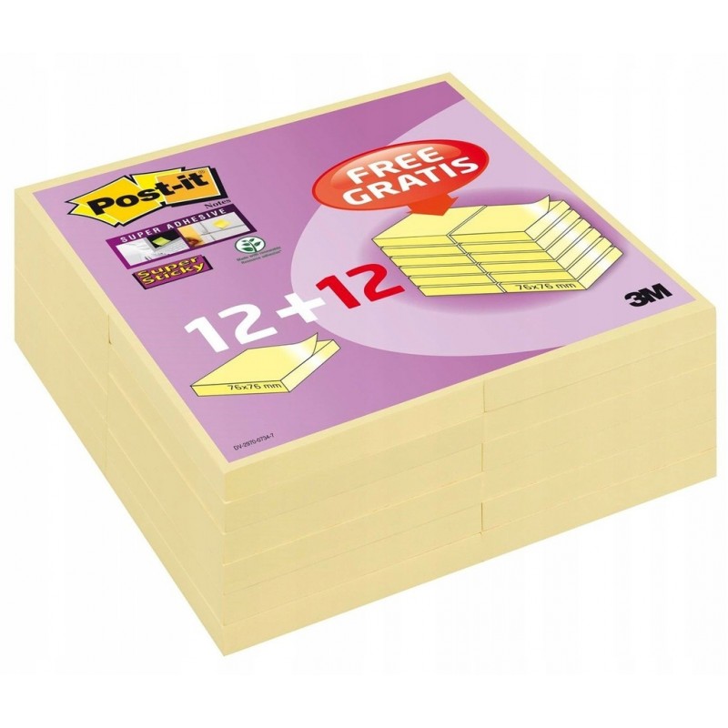 3M Post-it 654 samolepící bloček super sticky, 76x76 mm, silně lepící, 12+12 bločků zdarma