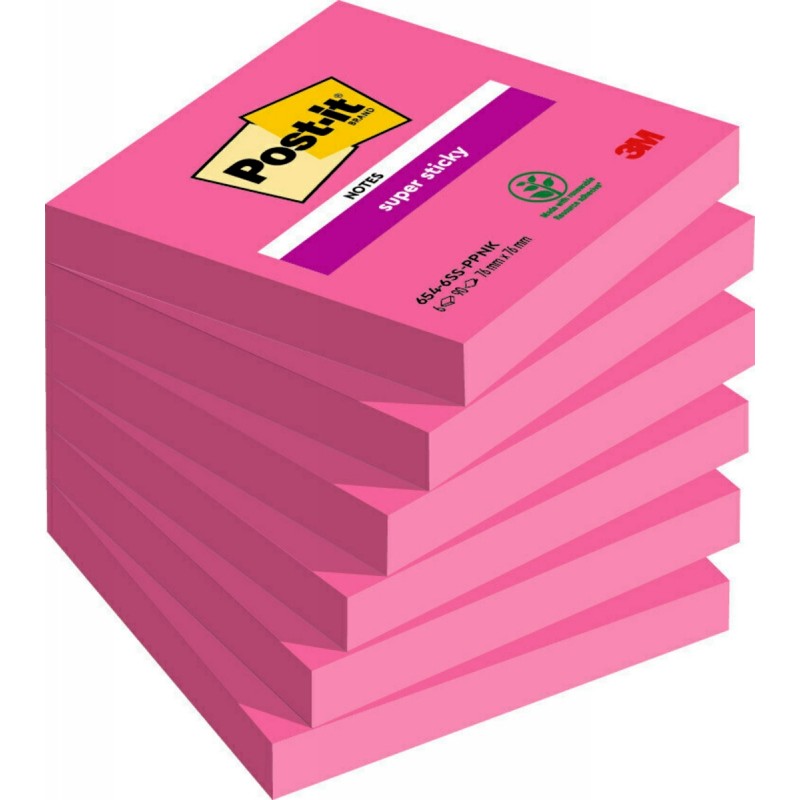 3M Post-it Super Sticky Pink, samolepící bločky super silné růžové, rozměr 76x76 mm, 6x90 lístků