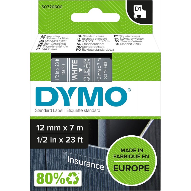 DYMO 45020 polyester páska 12mm x 7m typ D1, bílá na průhledné, S0720600
