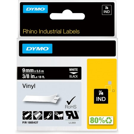 Dymo štítky 1805437 vinylové, 9 mm x 5,5 m typ RHINO, bílá na černé