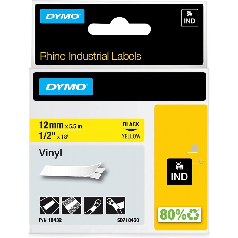 Dymo štítky 18432 vinylové, 12 mm x 5,5 m typ IND Rhino VINYL, černá na žluté, S0718450