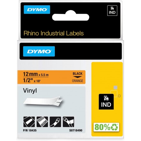 Dymo štítky 18435 vinylové, 12 mm x 5,5 m typ IND Rhino VINYL, černá na oranžové, S0718490