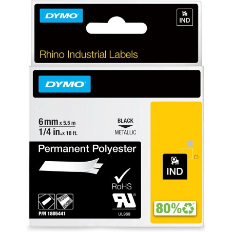 Dymo štítky 1805441 permanentní polyesterová páska RHINO D1 6 mm x 5,5 m, černá na metalické