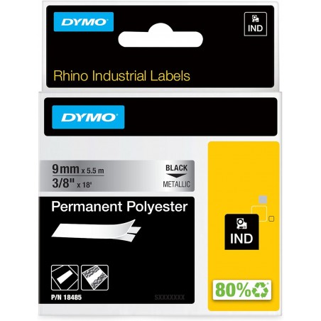 Dymo štítky 18485 permanentní polyesterová páska RHINO D1 9 mm x 5,5 m, černá na metalické